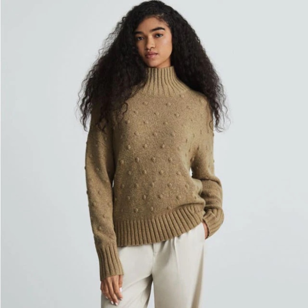 Everlane The Alpaca Pom-Pom Turtleneck Sweater Wool Blend Chunky Knit Tan Sz XL‎